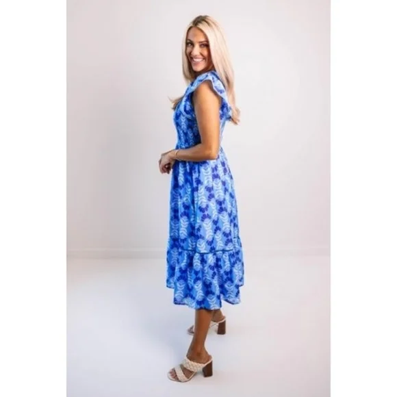J. Marie Nwot The Luna Ruched Midi Floral Blue Dress Ruffle Sleeves Sz Medium - Picture 3 of 16